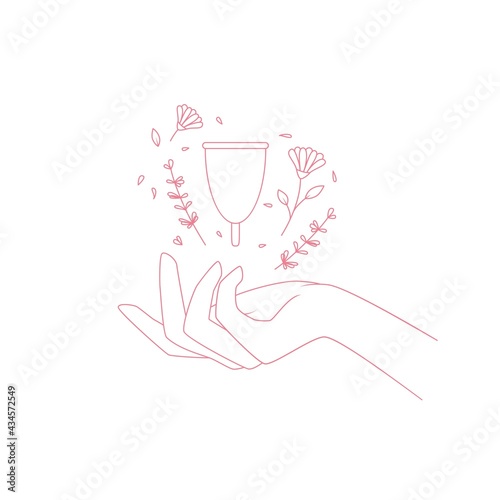 Woman's hand hold menstrual cup and flowers. Vector illustration photo