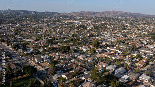 Sunset aerial view of a residential district in La Habra, California, USA.
