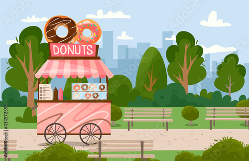 Fast food street cart with donuts. Food in the park in nature. Fast food business seller kiosk. Fast food shop with donuts, street, cart, city flat vector. For design, web, graphics and advertising.