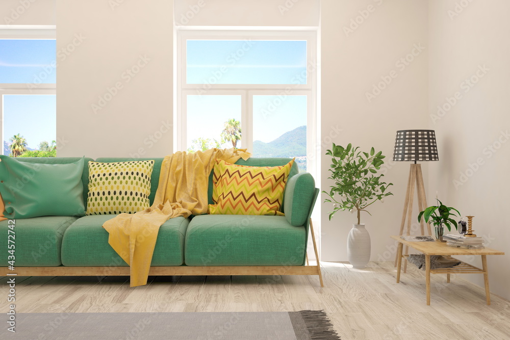 Naklejka premium White living room with sofa. Scandinavian interior design. 3D illustration