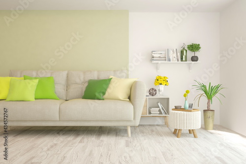 Modern living room in white color with sofa. Scandinavian interior design. 3D illustration