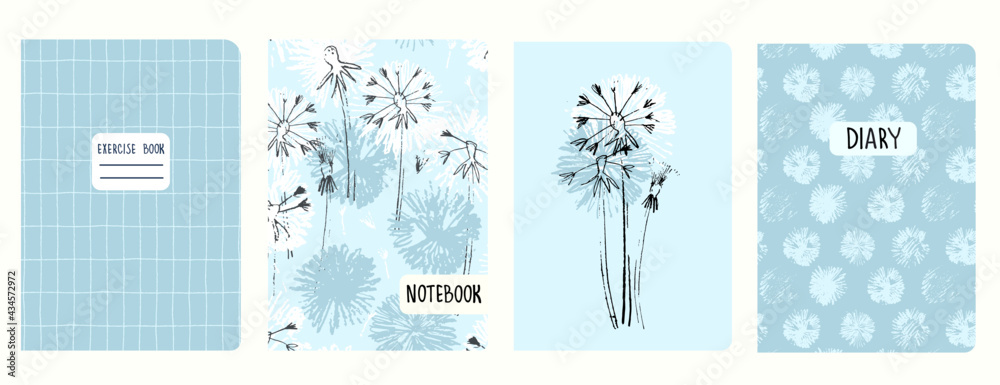 Set of cover page templates with dandelions and and hand drawn grid patterns. Based on seamless patterns. Headers isolated and replaceable. Perfect for school notebooks, notepads, diaries, etc - obrazy, fototapety, plakaty 