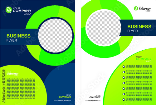 Corporate flyer graphic design in a vector file. Dark blue colors with green elements.
