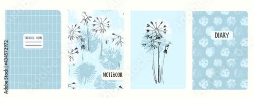 Set of cover page templates with dandelions and and hand drawn grid patterns. Based on seamless patterns. Headers isolated and replaceable. Perfect for school notebooks, notepads, diaries, etc