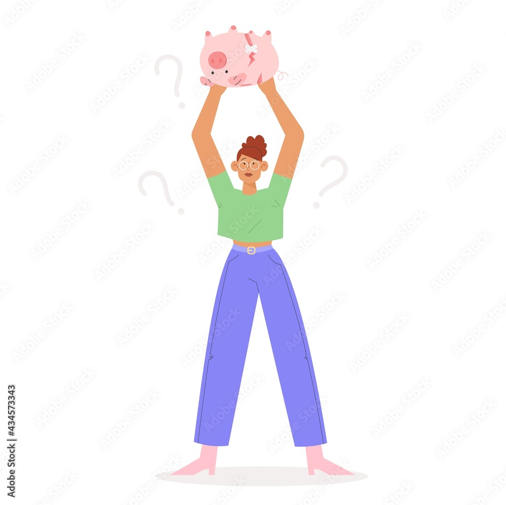 Concept of the family budget crisis. Vector illustration with a woman holding a broken and empty piggy bank. Concept of the family budget crisis. Vector illustration with a woman holding a broken and empty piggy bank.