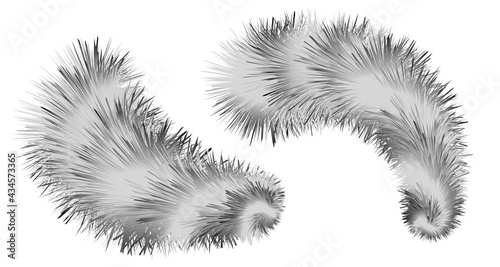 Striped furry brush pompoms.  Shaggy fluffy fur realistic texture. Black and white decorative elements isolated. Vector illustration.