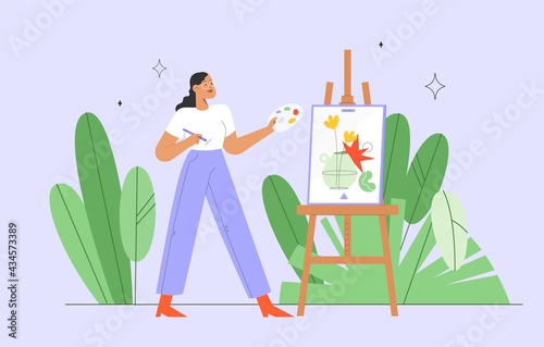 Woman illustrator is drawing on a graphics tablet screen. Digital art concept. Process of creating the illustration. 