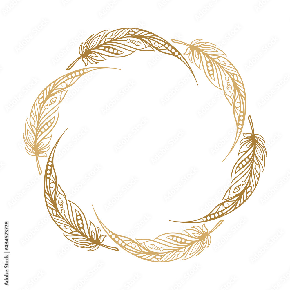 Vector round boho style frame. Feathers and beads card template. Stock ...