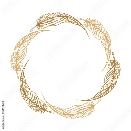 Vector round boho style frame. Feathers and beads card template.