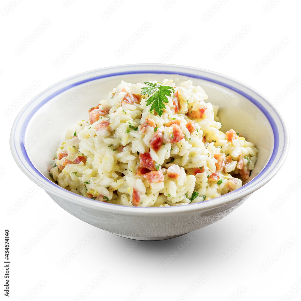 Blumenau Sausage Risotto on a bowl isolated on white background Blumenau Sausage Risotto on a bowl isolated on white background
