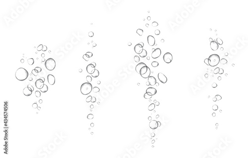 Oxygen air bubbles flow in water on white background.