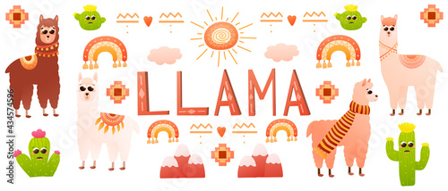 Website banner with cute alpaca cartoon character and tribal vector elements with kawaii cactus with faces  rainbows and mountains  bohemian style for kids