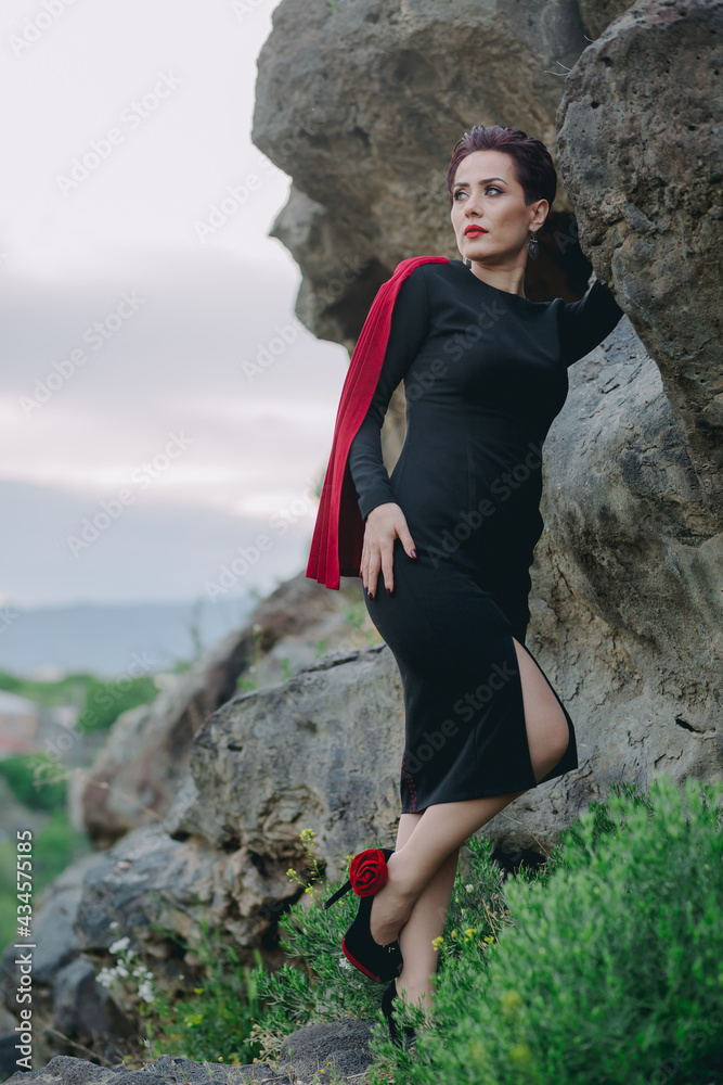 Naklejka premium Vertical shot of gorgeous and luxury woman with red lipstick and black dress posing for camera next to the huge ancient cliffs
