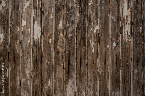 vertical wood planks with chipped and peeling old white paint.