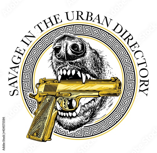 hand drawn illustration of a dog which bites a golden gun  with slogan and graphic element