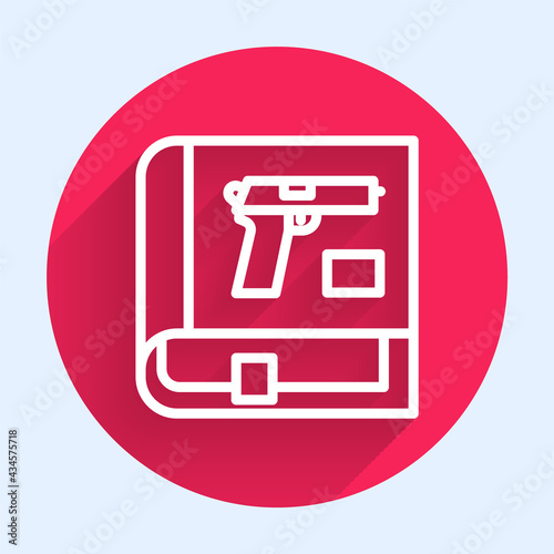 White line Book with pistol or gun icon isolated with long shadow. Police or military handgun. Small firearm. Weapon catalog. Red circle button. Vector