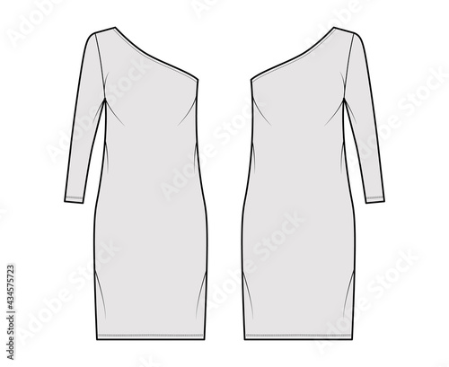 Dress one shoulder technical fashion illustration with long sleeve, oversized body, knee length pencil skirt. Flat apparel front, back, grey color style. Women, men unisex CAD mockup