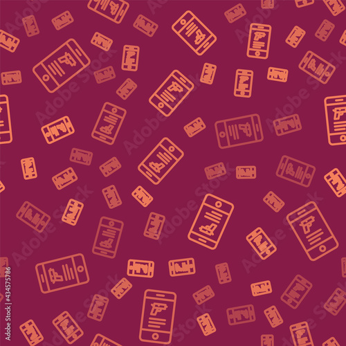 Brown line Hunting shop with rifle and gun weapon in mobile app icon isolated seamless pattern on red background. Supermarket or store with weapon equipment. Vector