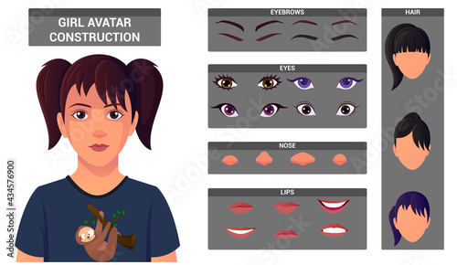 Young Girl Face Construction Pack for Avatar Creation. Avatar Build With Head and Hair Styles, Eyes, Nose, Mouth, Eyebrows. Premium Vector set.