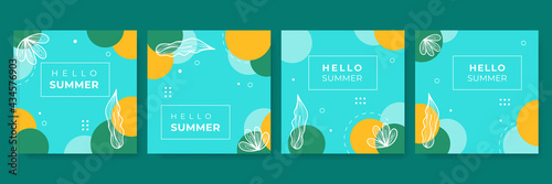 Collection of green yellow summer background set with palm, leaves ,flower, blob. Editable vector illustration for invitation, postcard, post stories social media template and website banner