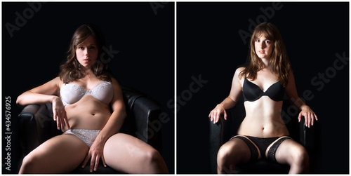 Two beautiful brunette women sitting on an armchair, they are wearing white and black underwear in front of dark studio background photo