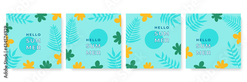Collection of green yellow summer background set with palm, leaves ,flower, blob. Editable vector illustration for invitation, postcard, post stories social media template and website banner