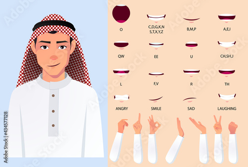 Muslim Man wearing white cloth Mouth Animation Pack with Lip Syncing Set. Flat Vector Illustration.