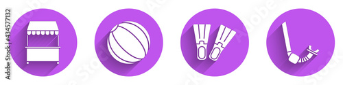 Set Street stall with awning, Beach ball, Rubber flippers and Snorkel icon with long shadow. Vector