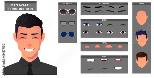 Face Construction And Character Creation Set. Caucasian wearing shirt and tie Man Hair, Eyes, Lips, and Head Pack for Avatar Creation Vector file.