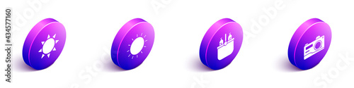 Set Isometric Sun, Sun, Cooler bag and water and Photo camera icon. Vector