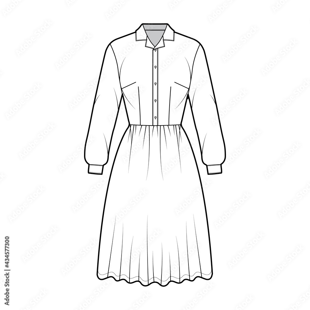 Dress house shirt technical fashion illustration with long sleeves with cuff, knee length full skirt, classic henley collar. Flat apparel front, white color style. Women, men unisex CAD mockup Dress house shirt technical fashion illustration with long sleeves with cuff, knee length full skirt, classic henley collar. Flat apparel front, white color style. Women, men unisex CAD mockup
