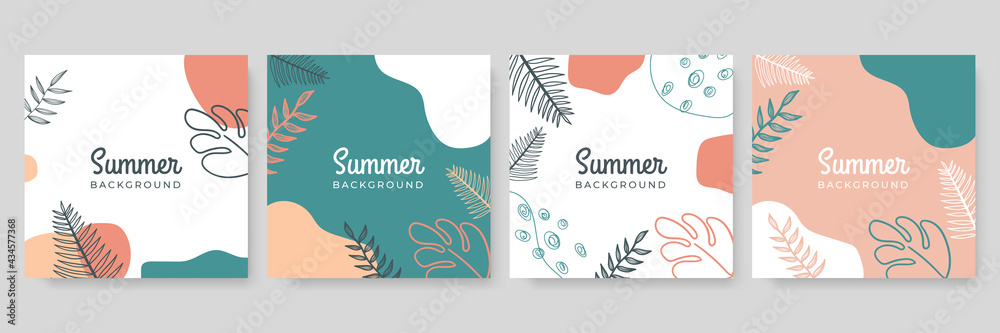 Social media stories and post creative Vector set. Background template with copy space for text and images design by abstract colored shapes, line arts , Tropical leaves warm color of the earth tone
 - obrazy, fototapety, plakaty 