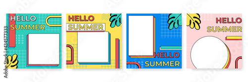 Colourful summer Memphis abstract template background. Retro vintage summer post stories social media template. Vector set of memphis style banners with New Arrival and Epic Sale labels.