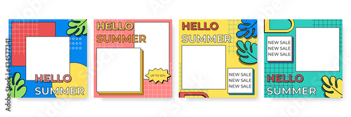 Colourful summer Memphis abstract template background. Retro vintage summer post stories social media template. Vector set of memphis style banners with New Arrival and Epic Sale labels.