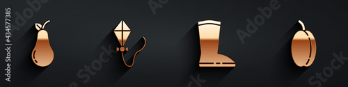 Set Pear, Kite, Waterproof rubber boot and Plum fruit icon with long shadow. Vector
