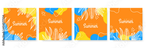 Vector set of colourful social media stories design templates, backgrounds with copy space for text - summer landscape. Summer background with leaves and waves photo