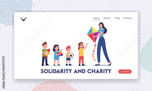 Solidarity, Charity and Philanthropy Landing Page Template. Woman Giving Toys to Orphans, Donation for Poor Children © Sergii Pavlovskyi