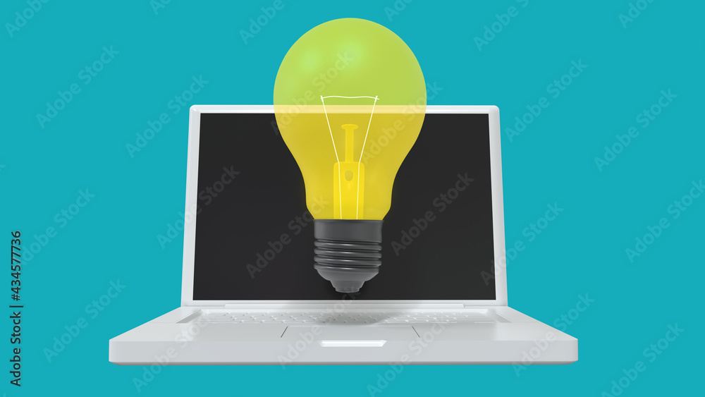 3D Render of a Laptop Computer with a Yellow Light bulb isolated on a Blue Background 3D Render of a Laptop Computer with a Yellow Light bulb isolated on a Blue Background