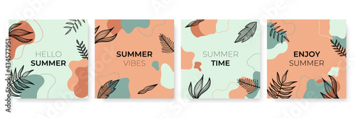 Social media stories and post creative Vector set. Background template with copy space for text and images design by abstract colored shapes, line arts , Tropical leaves warm color of the earth tone
