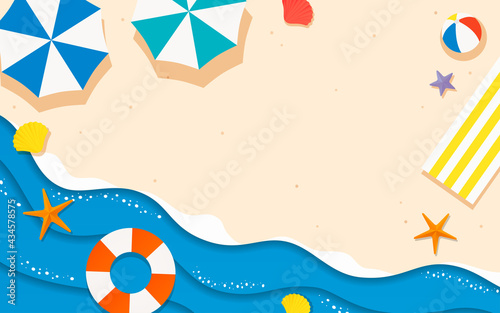 Summer beach paper art style background vector illustration. top view beach template