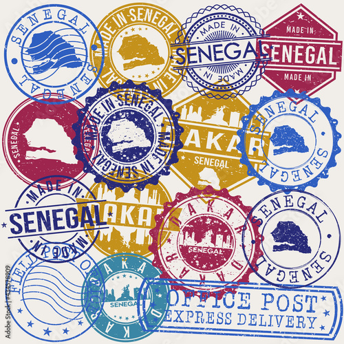 Dakar Senegal Set of Stamps. Travel Stamp. Made In Product. Design Seals Old Style Insignia.