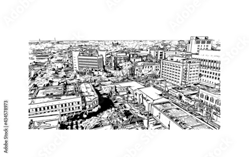 Building view with landmark of Fort Myers is the 
city in Florida. Hand drawn sketch illustration in vector.
