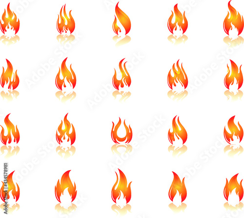 Set of red and orange fire flames. Collection of hot flaming elements. The idea of energy and power. Isolated vector illustration in flat style 