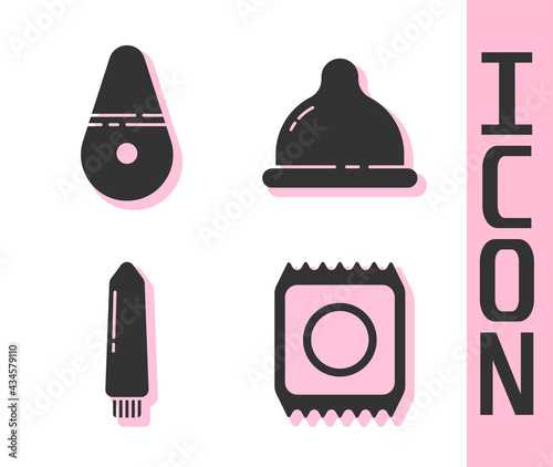 Set Condom in package safe sex, Dildo vibrator, Dildo vibrator and Condom icon. Vector