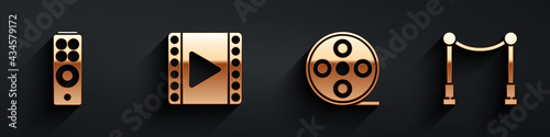 Set Remote control, Play Video, Film reel and Carpet with barriers icon with long shadow. Vector