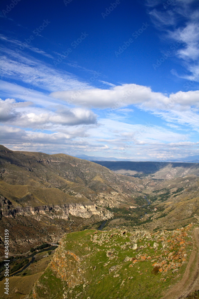 Mountain landscape with sky and clouds in Caucasus region, Georgia 
