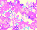 Vanilla Botanical Texture. Pink Orchid Texture. Purple Hibiscus Painting. Flower Texture. Watercolor Jungle. Seamless Garden. Pattern Leaves. Art Wallpaper.