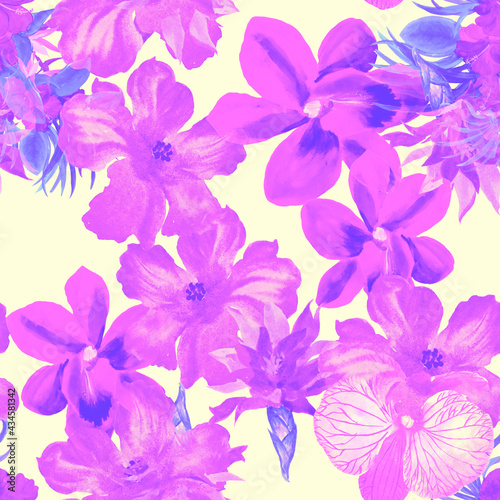 Purple Watercolor Foliage. Vanilla Flower Set. Pink Seamless Plant. Blue Hibiscus Leaf. Pattern Plant. Tropical Leaf.Fashion Jungle. Art Decor.