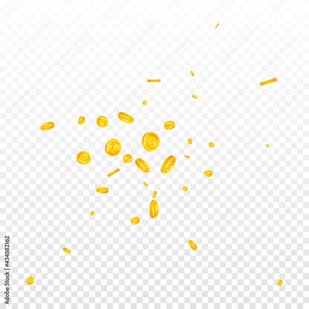 British pound coins falling. Alluring scattered GBP coins. United Kingdom money. Overwhelming jackpot, wealth or success concept. Vector illustration.