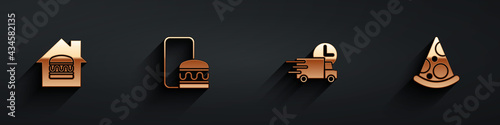 Set Online ordering and delivery, , Fast by car and Slice of pizza icon with long shadow. Vector